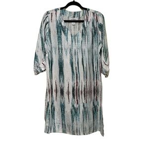 Peck & Peck Linen Striped Watercolor Print Blue/Green Women Tunic Blouse Large